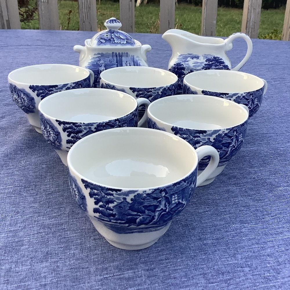 Antique Staffordshire Liberty Blue Sugar Creamer + 6 Teacups Blue White